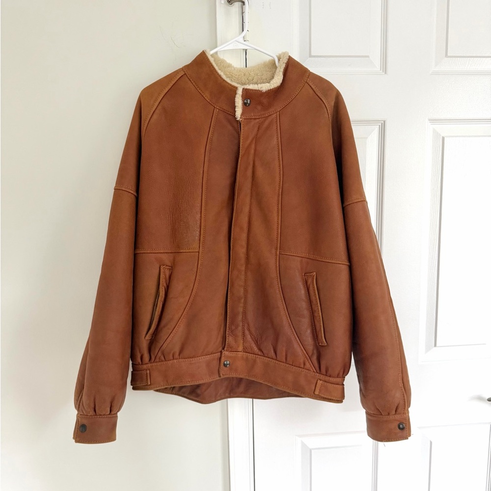 Vintage Sawyer Of Napa Caramel Shearling Bomber Jacket Men’s L 70s 80s